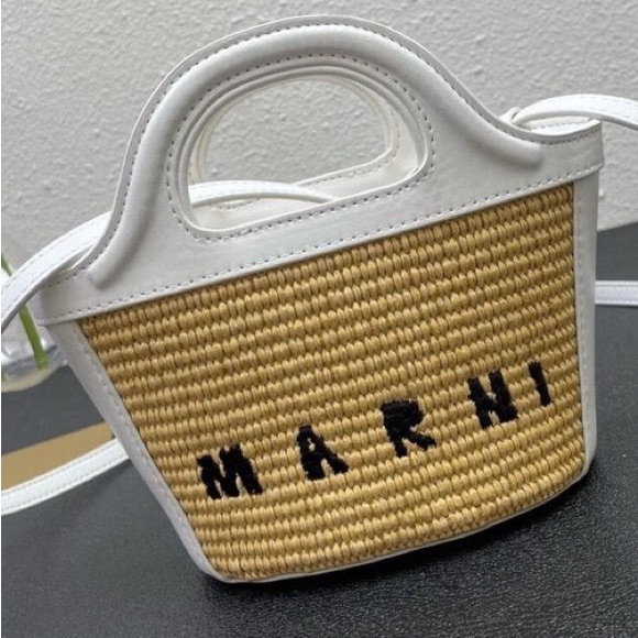 Marni Tan And White Mini Woven Bag
